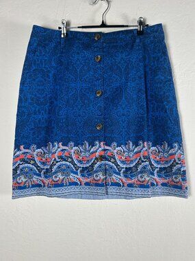 Lands End Womens Blue Paisley Button-Front Skirt Size 14 Knee-Length Stretch